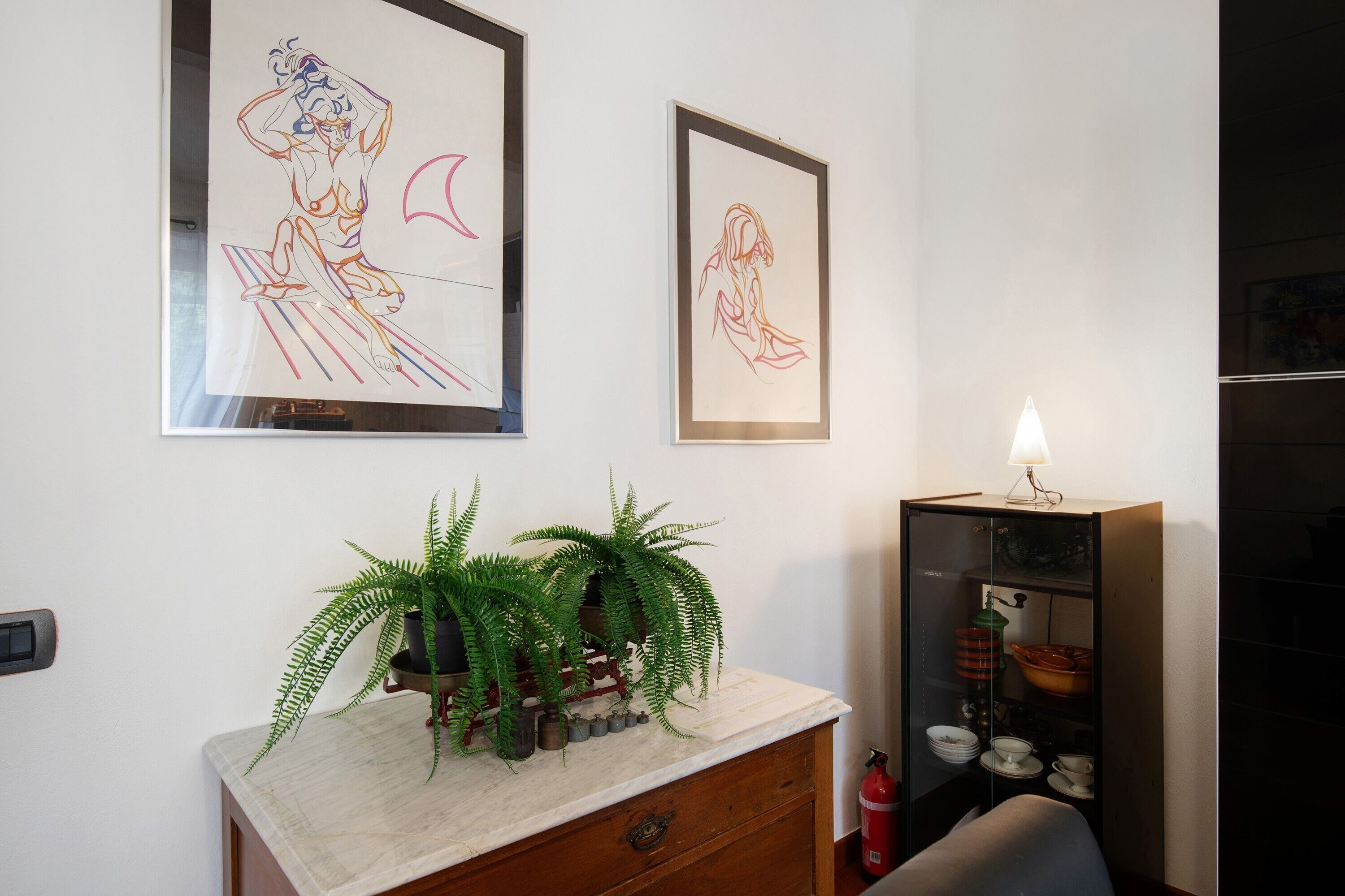 A room with a marble countertop, a potted plant, framed artwork, a cabinet with dishes, and a red fire extinguisher.