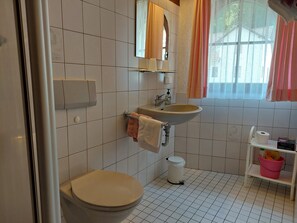 Un baño con inodoro, lavamanos y espejo.
