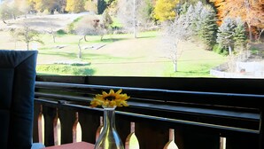 A room with a window view of a park, a vase with a sunflower, and a table with a pink tablecloth.