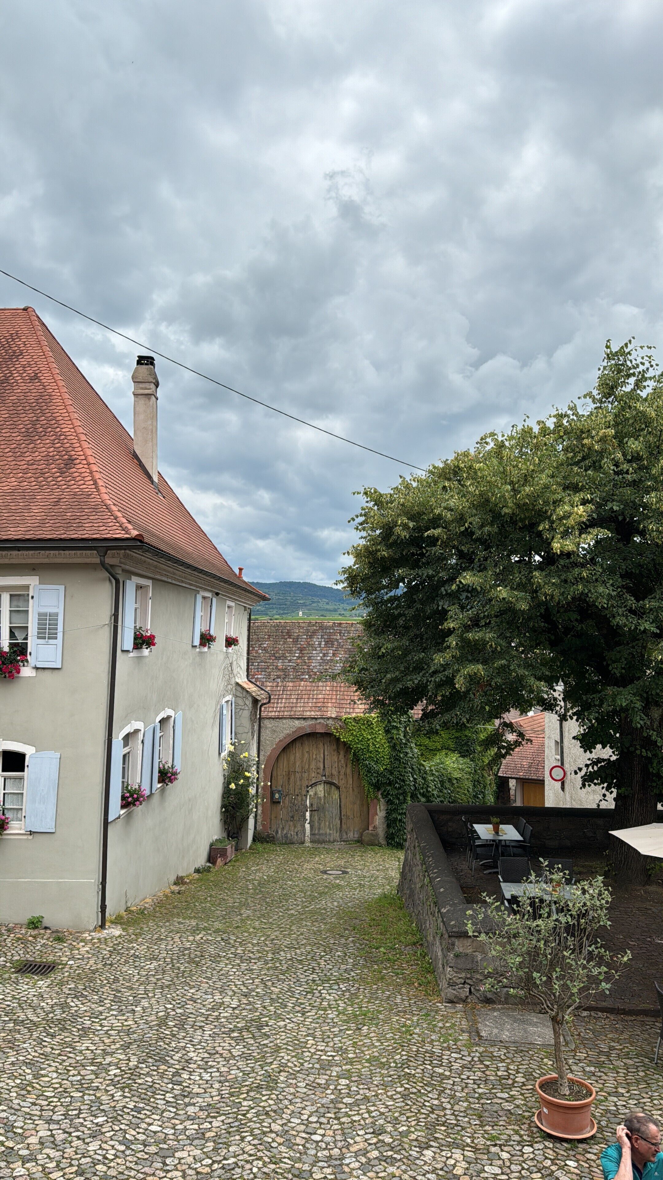 A courtyard with cobblestone flooring, a building with a red-tiled roof, and a tree.