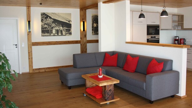 A modern living room with a grey sofa, red cushions, a wooden coffee table, and a kitchen area with cabinets and a sink. - Apartment 'Hochtalblick' with Mountain View, Shared Garden and Wi-Fi (Ibach)