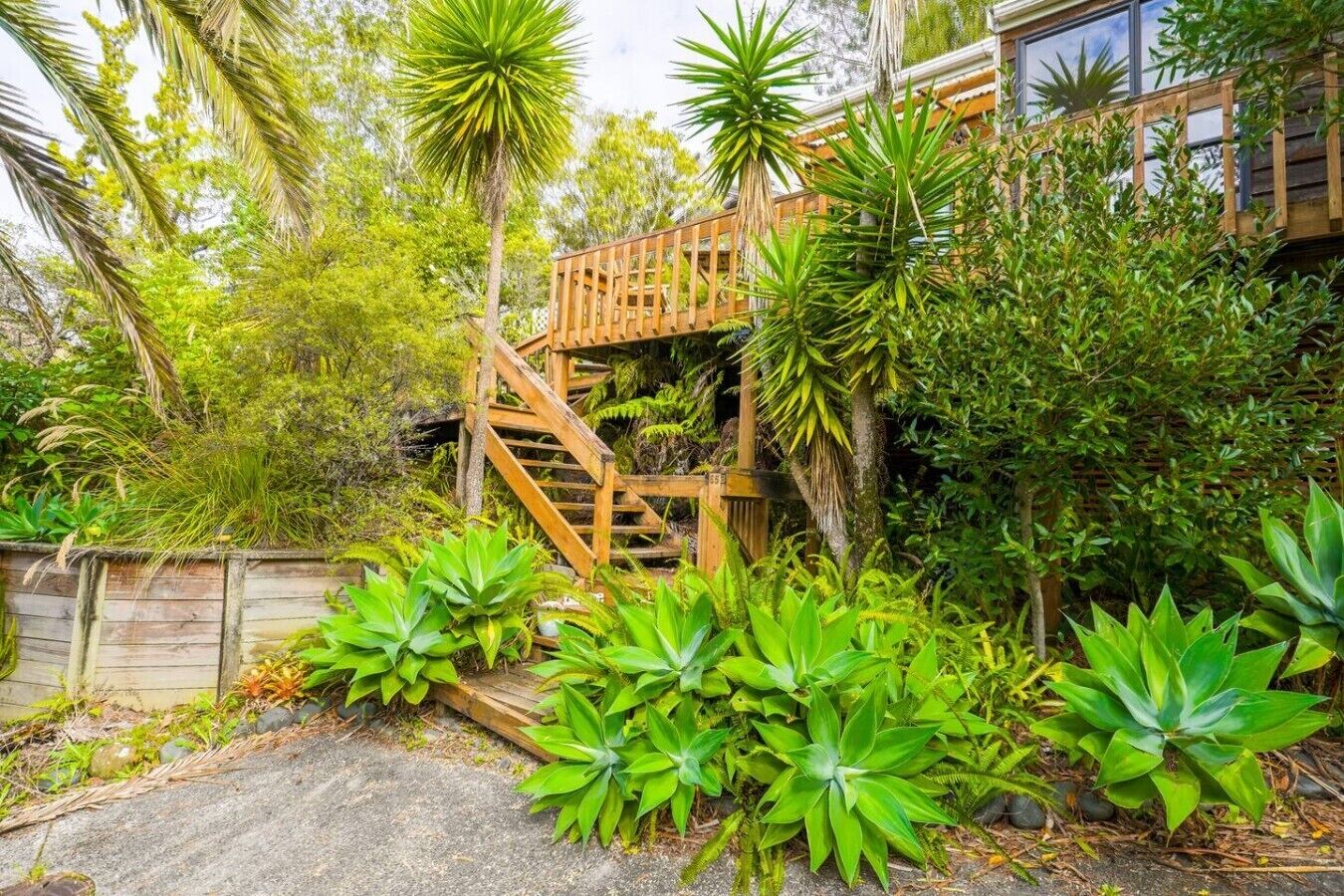 A wooden staircase leading to a deck surrounded by lush tropical plants.