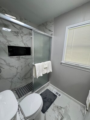 Hair dryer, towels, toilet paper