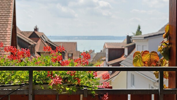 Ein Balkon mit roten Blumen und Blick auf ein Gewässer sowie Gebäude im Hintergrund.