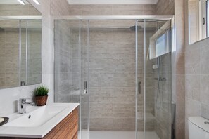 Shower, hair dryer, towels