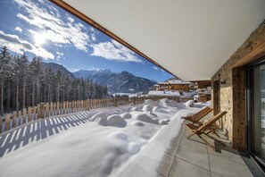 Un balcon offrant une vue sur des montagnes et des arbres couverts de neige.