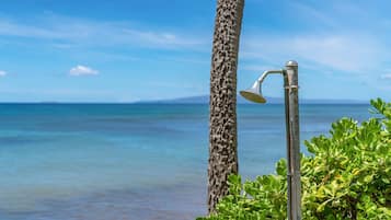 A metal showerhead attached to a pole, a tree trunk, and green foliage in a coastal setting.