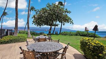 A patio with a round table and chairs, surrounded by palm trees and a view of the ocean.