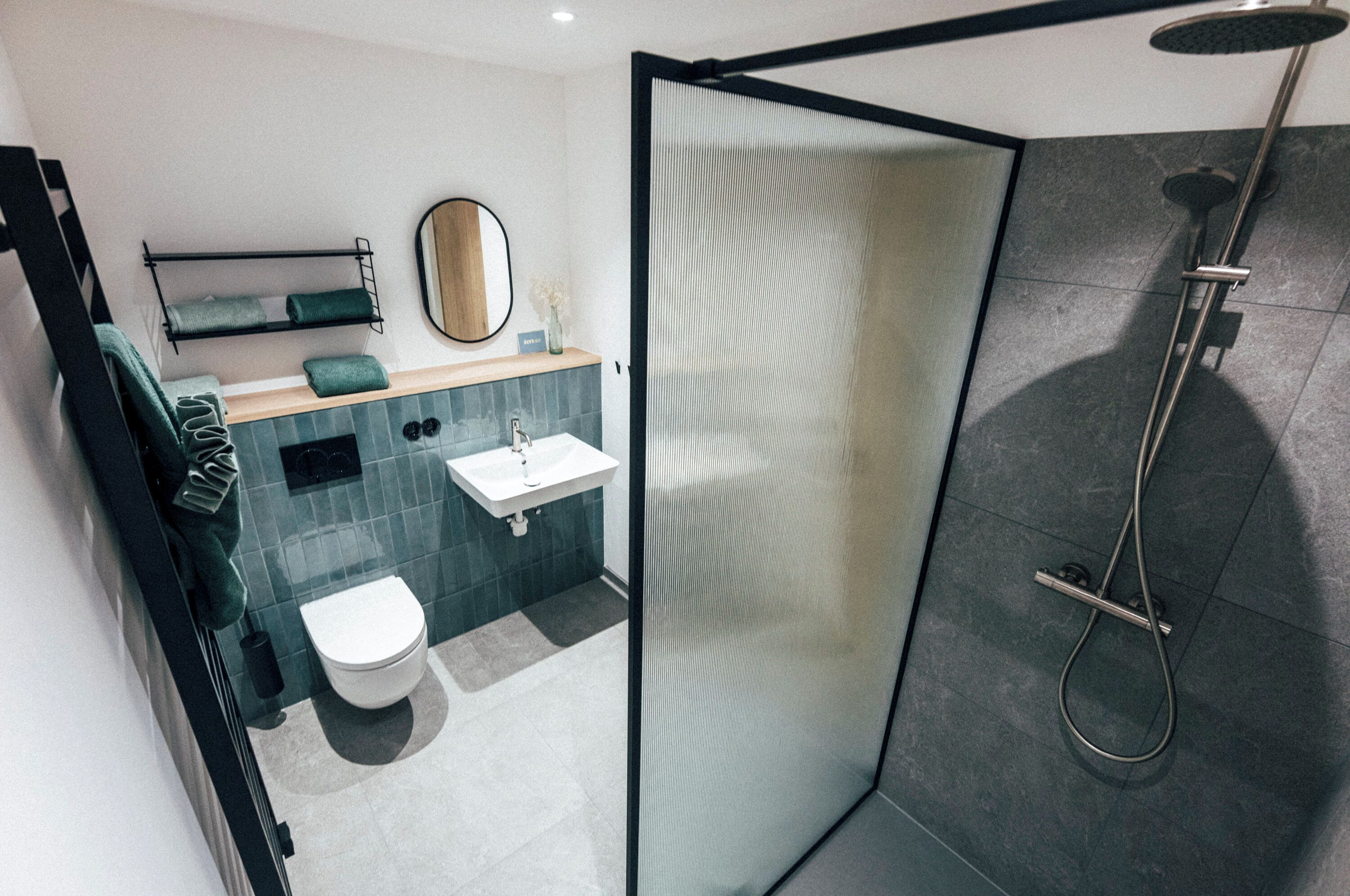 Une salle de bain moderne avec une douche à parois de verre, un lavabo et des toilettes.