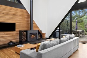 Una sala de estar moderna con chimenea, un sofá, una mesa de centro y un televisor montado en la pared.