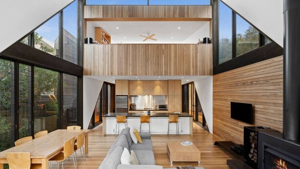A modern loft-style apartment with a kitchen, dining area, and living room. - Aireys Cliff-Top Gem - Your Ultimate Coastal Escape (Aireys Inlet)