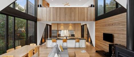 Älytelevisio, takka, DVD-soitin, kirjoja