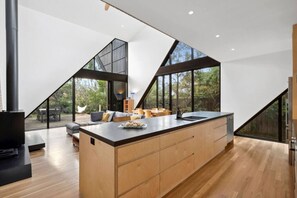 Smart TV, chimenea, reproductor de DVD, libros