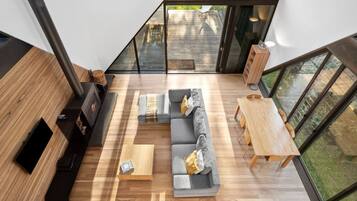 Smart TV, fireplace, DVD player, books