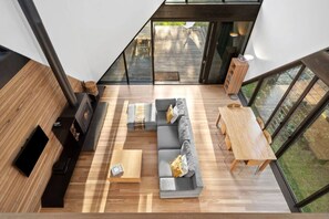 Smart TV, chimenea, reproductor de DVD, libros