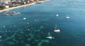 An aerial view of a coastal area with boats, a marina, and buildings along the shore.