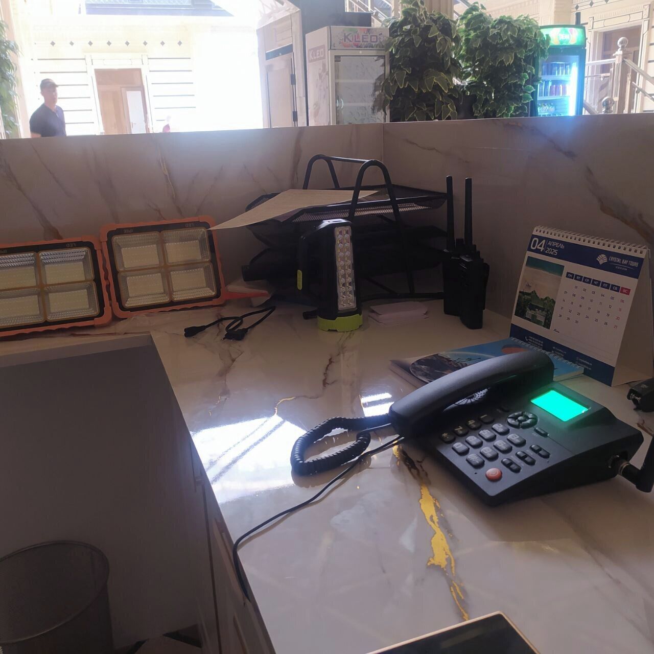 A desk with a phone, a calendar, and a small plant.