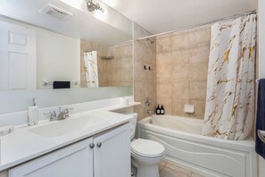 Hair dryer, towels, soap, toilet paper