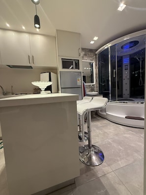 Kühlschrank, Mikrowelle, Kochgeschirr/Geschirr/Besteck