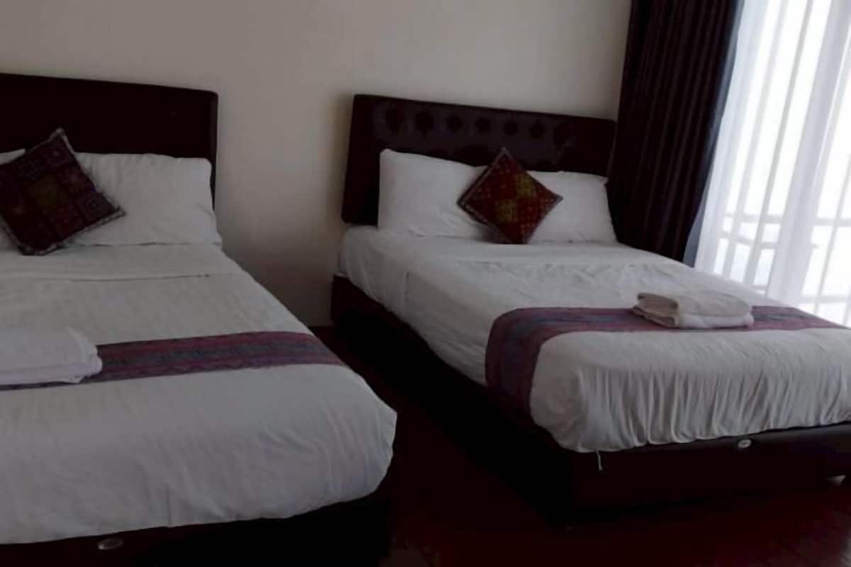 Two adjacent beds with white linens, dark headboards, and decorative pillows.