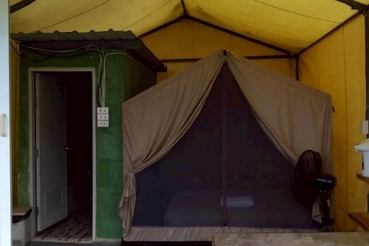 A tented room with a bed, a fan, and a door leading to another room.
