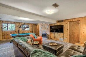 TV, fireplace, books