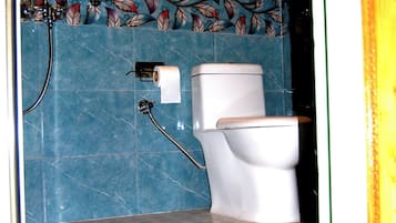 Jetted bath, bidet, towels, soap