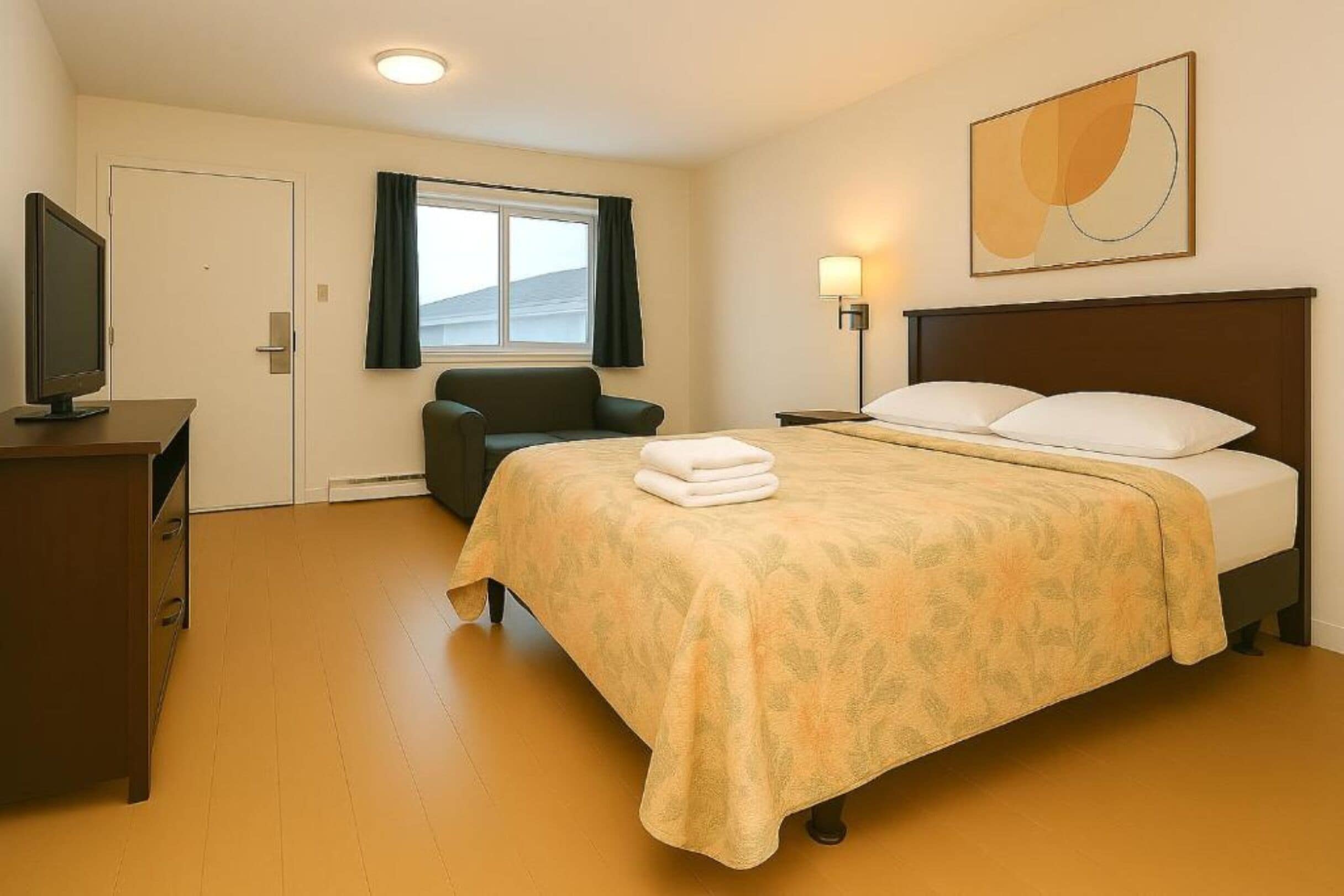 Ett hotellrum med en säng, en stol, ett skrivbord med en tv, ett fönster med gardiner och en vägglampa.