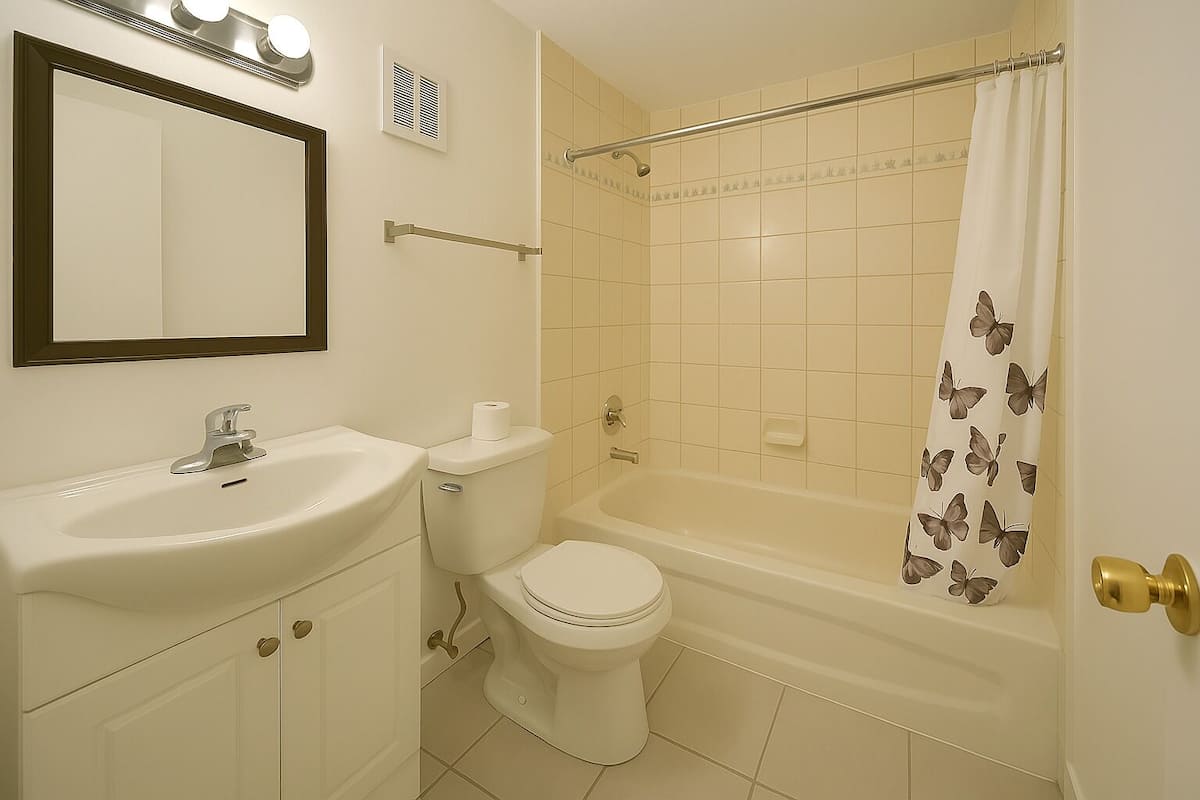 Separate tub and shower, hair dryer, towels, soap