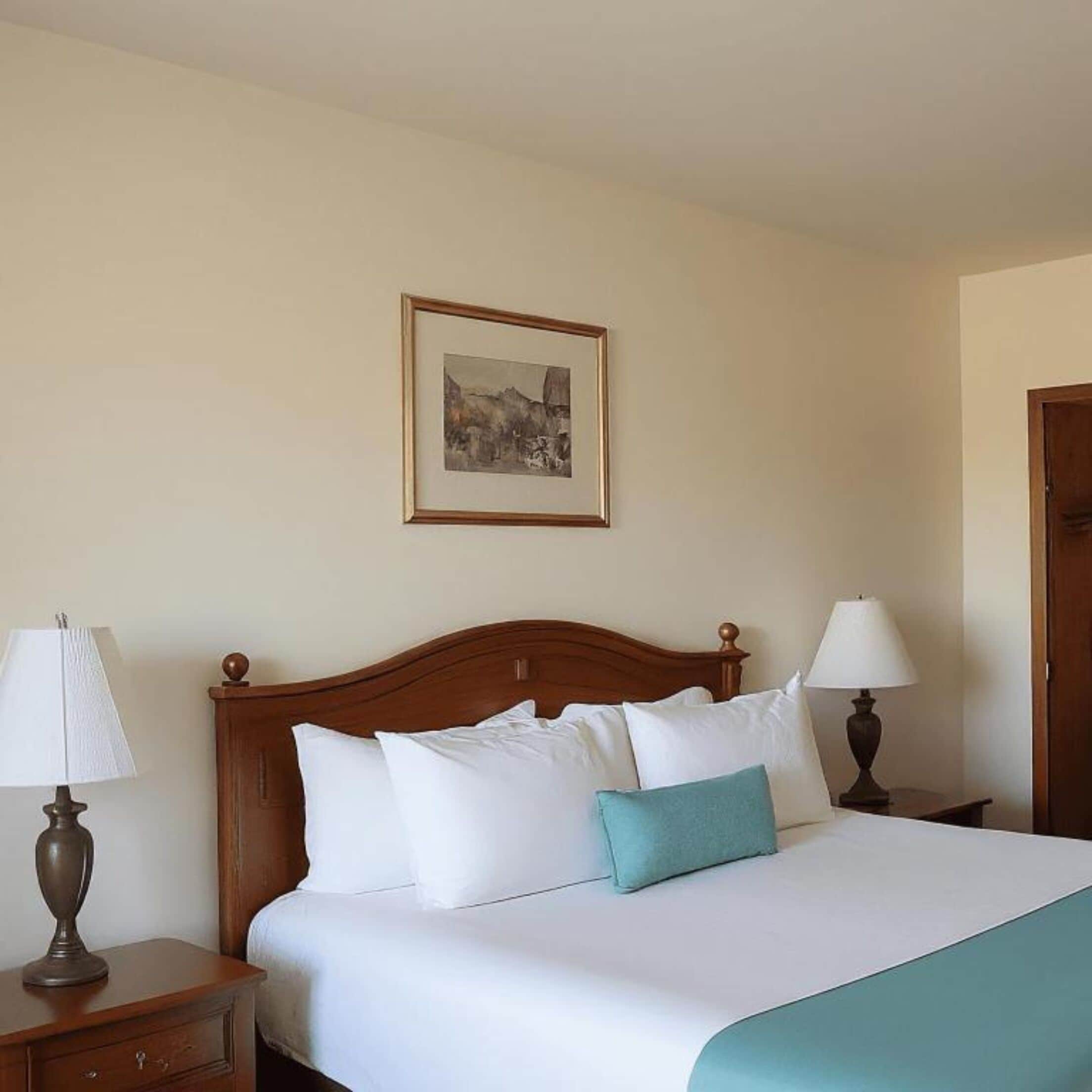 Una habitación de hotel con cama de madera, ropa de cama blanca, un cojín turquesa y un cuadro enmarcado en la pared.