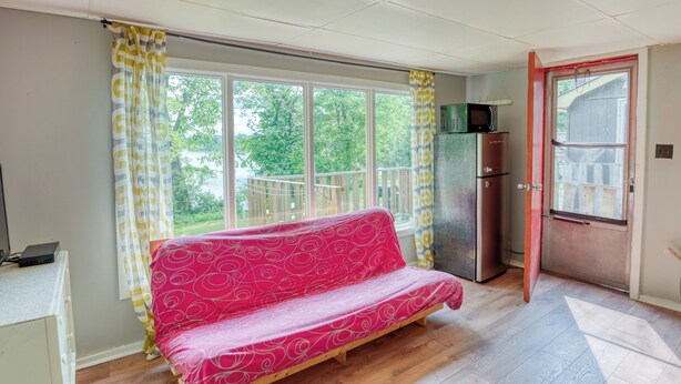A room with a pink sofa, a microwave, a refrigerator, and a door leading outside. - Serene Sydenham Lake Cottage - Fishing paradise (Perth Road)