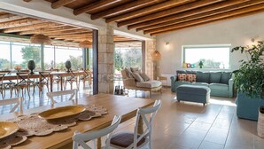 Un vaste espace de vie doté d’un plafond en bois, d’une table à manger avec des chaises, d’un canapé et d’une grande fenêtre laissant entrer la lumière naturelle.