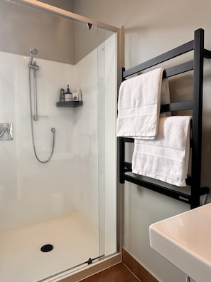 Shower, hair dryer, towels, soap