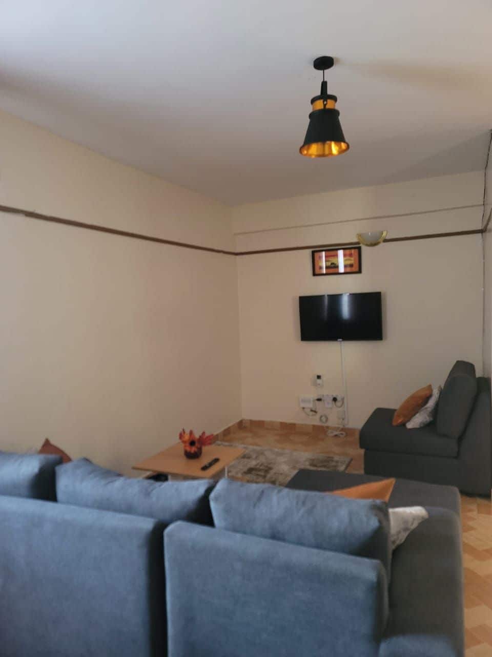 A living room with a grey sofa, a small table with a toy, a flat-screen TV mounted on the wall, and a pendant light.