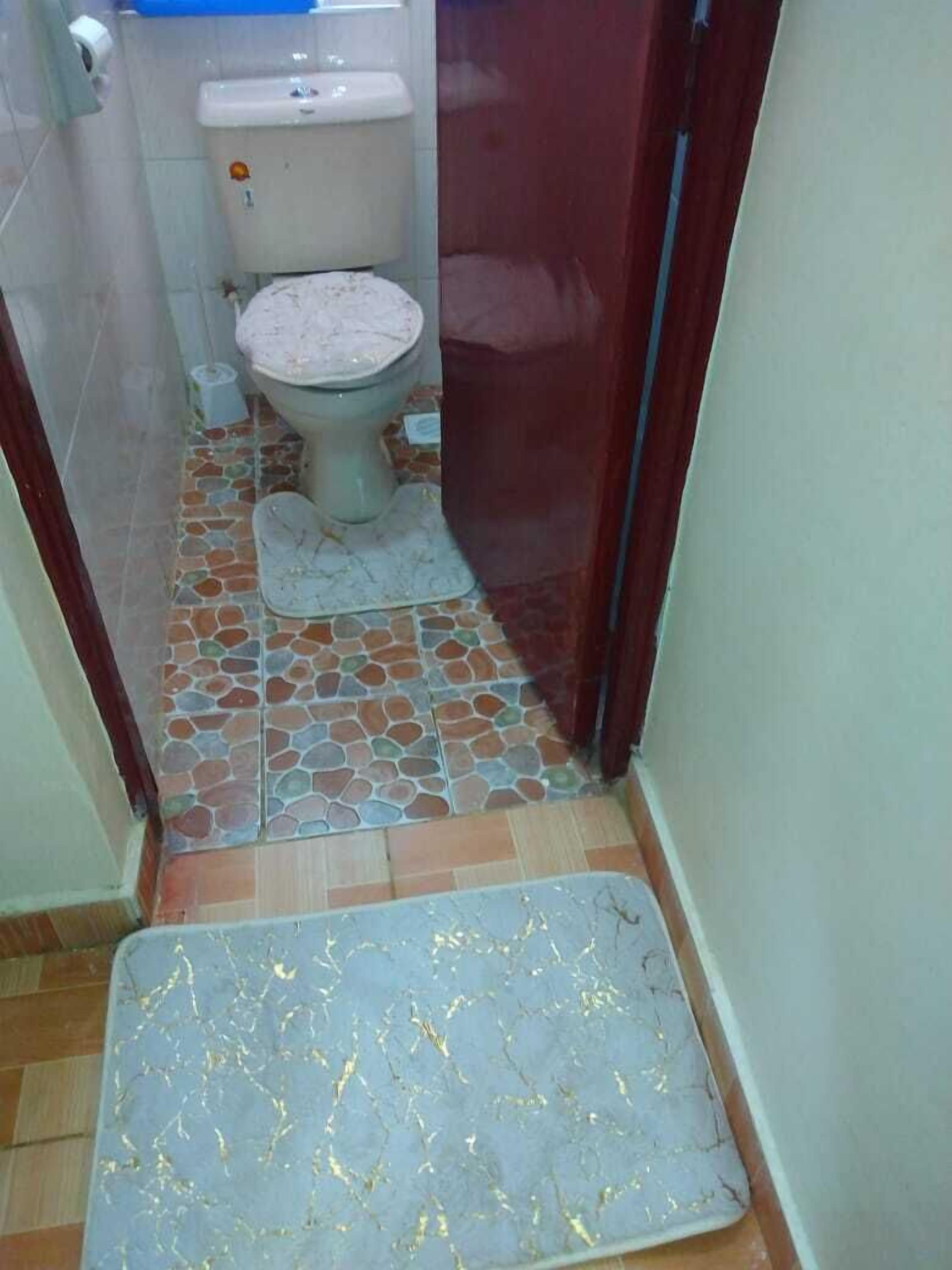 Une salle de bain comprenant des toilettes, un espace douche et un sol carrelé.
