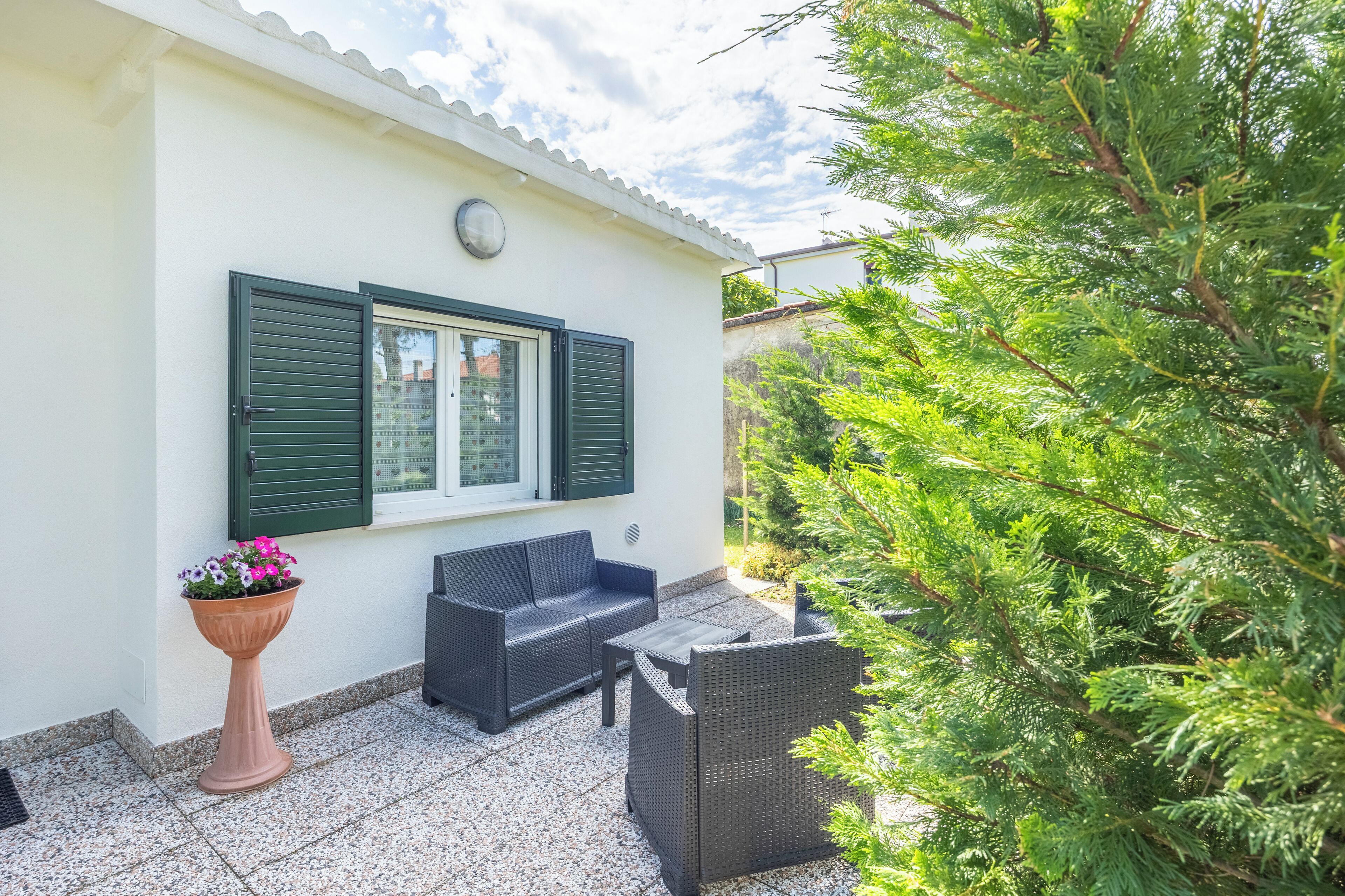 A patio with a sofa and a table, a potted plant, and a window with shutters.