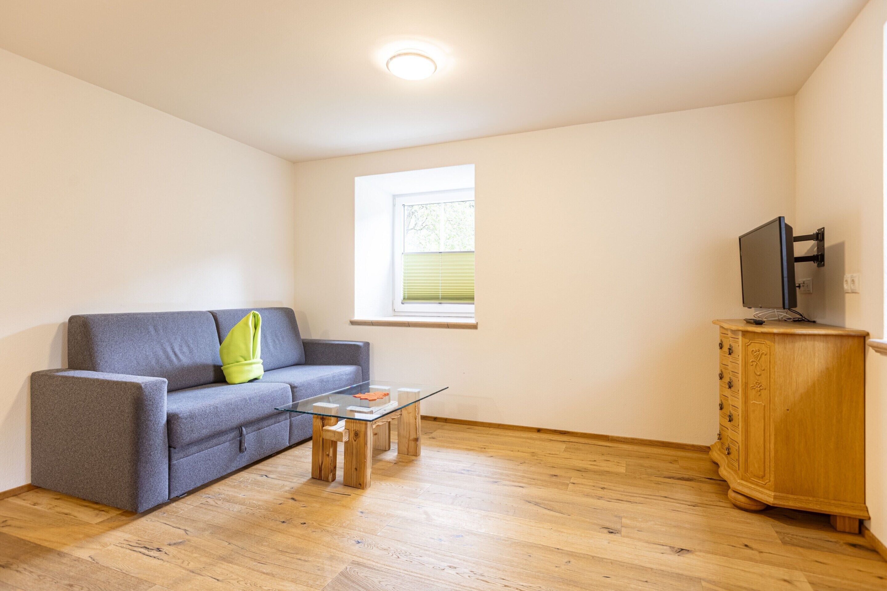 A living room with a grey sofa, a glass coffee table, a wooden cabinet, and a television.