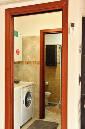 Shower, hair dryer, bidet, towels