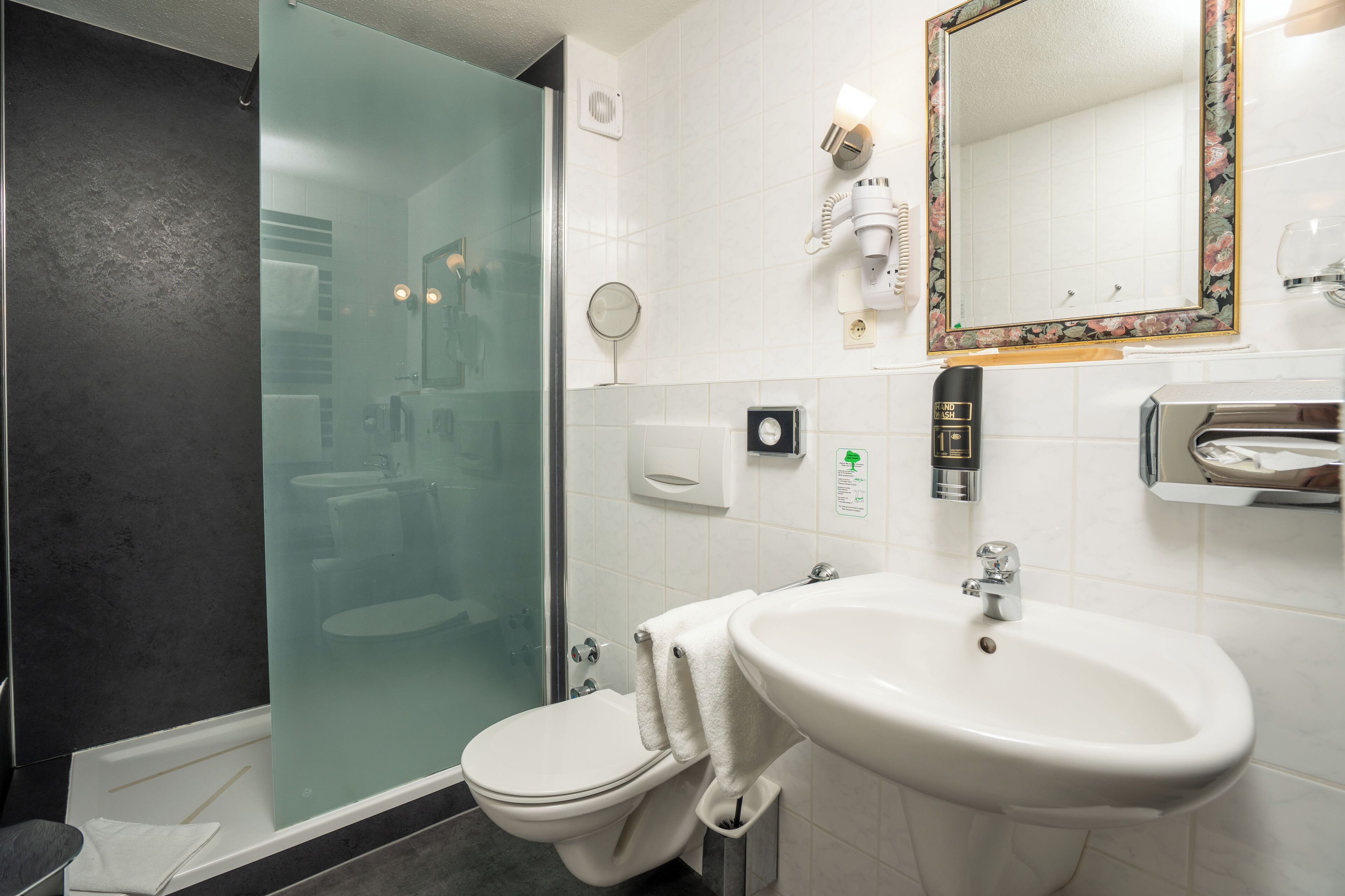 Une salle de bain moderne avec une douche à parois de verre, un lavabo blanc et un grand miroir.