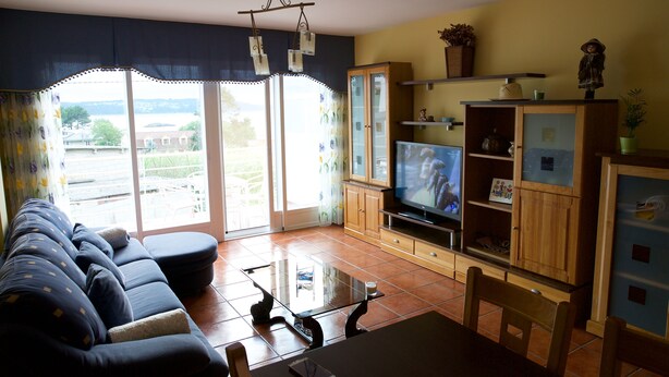 A living room with a sofa, TV, cabinets, and a glass coffee table. - HOUSE WITH SWIMMING POOL AND SEA VIEWS IN MIÑO (Perbes)