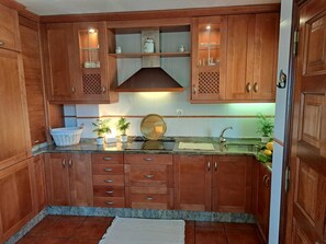 Una cocina con armarios de madera, un lavamanos de acero inoxidable y una campana extractora.