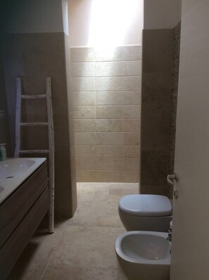 Douche, sèche-cheveux, bidet, serviettes fournies