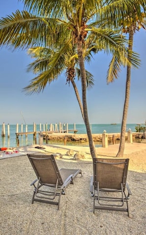 Two beach chairs, a palm tree, and a wooden pier extending into the water. - Relaxing 3 Bdr Keys Retreat - Hate to leave it (Marathon)