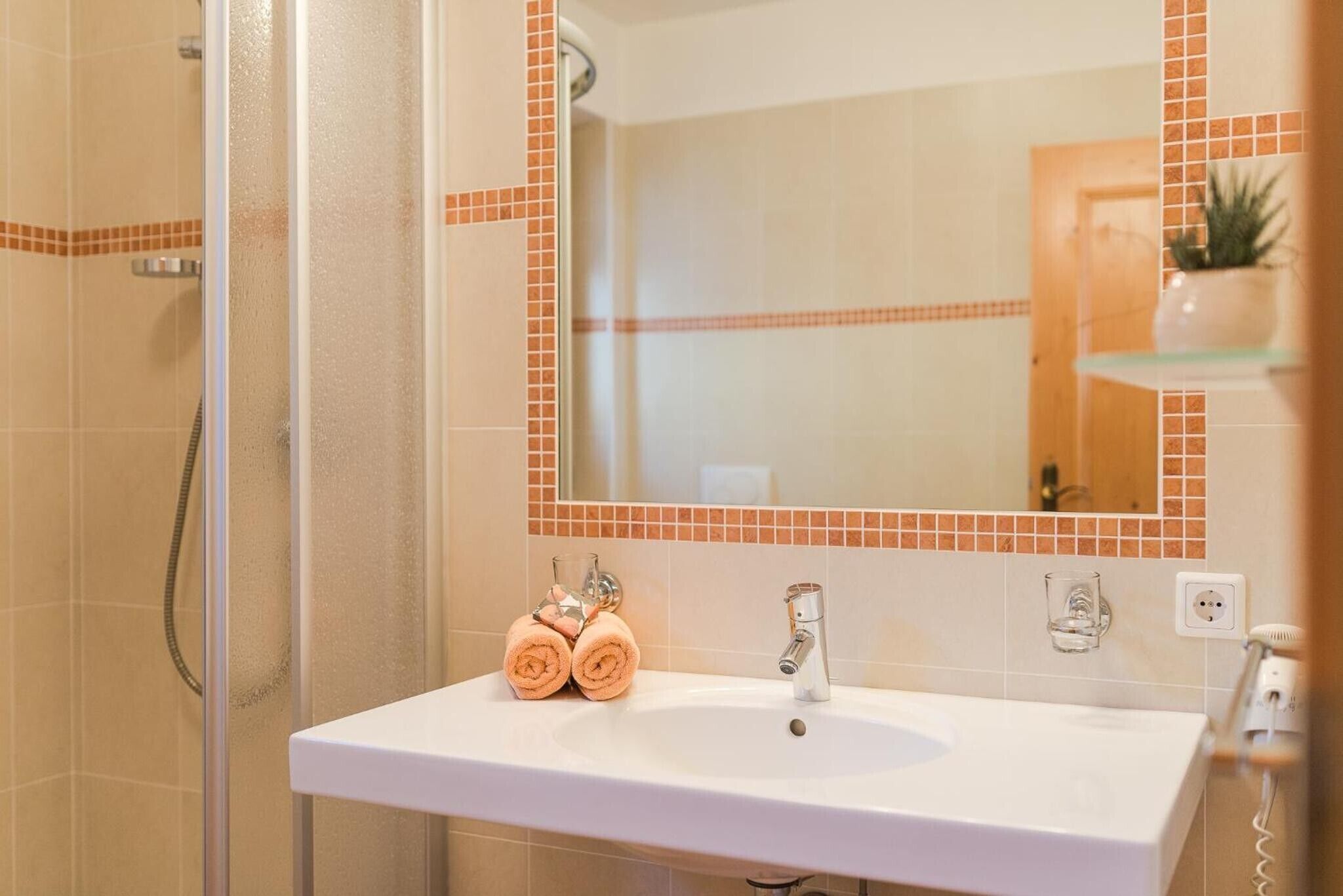 Shower, hair dryer, towels