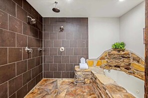 Shower, hair dryer, shampoo