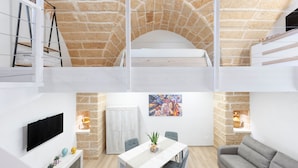 A modern loft-style apartment with a stone arch ceiling, a dining area, a gray sofa, and a TV mounted on the wall.