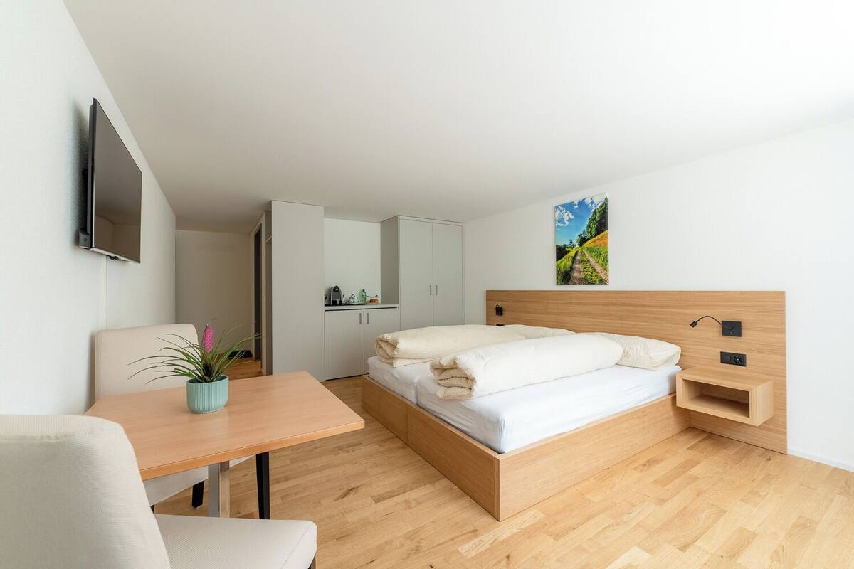 Een moderne slaapkamer met een houten bed, een klein nachtkastje, een aan de muur bevestigde televisie en een potplant op een tafel.