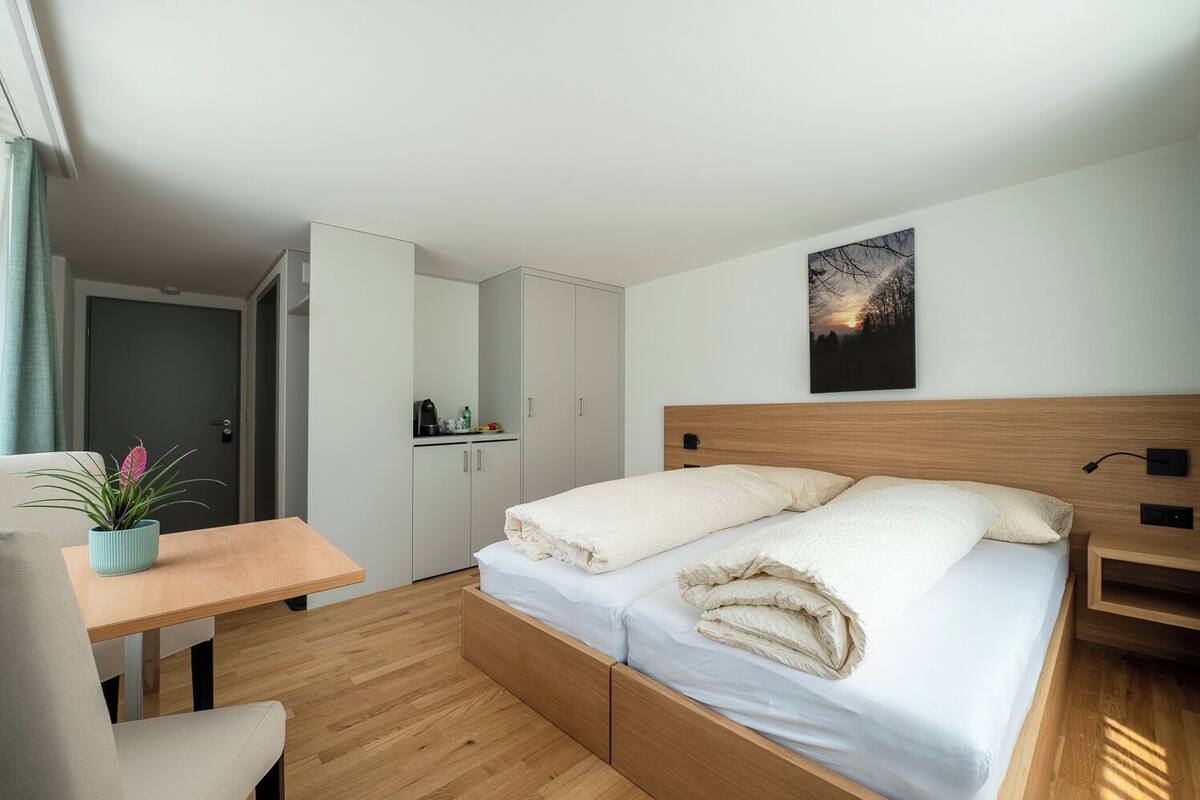 Een moderne hotelkamer met een houten bed, een bureau, een stoel en een plant in pot.