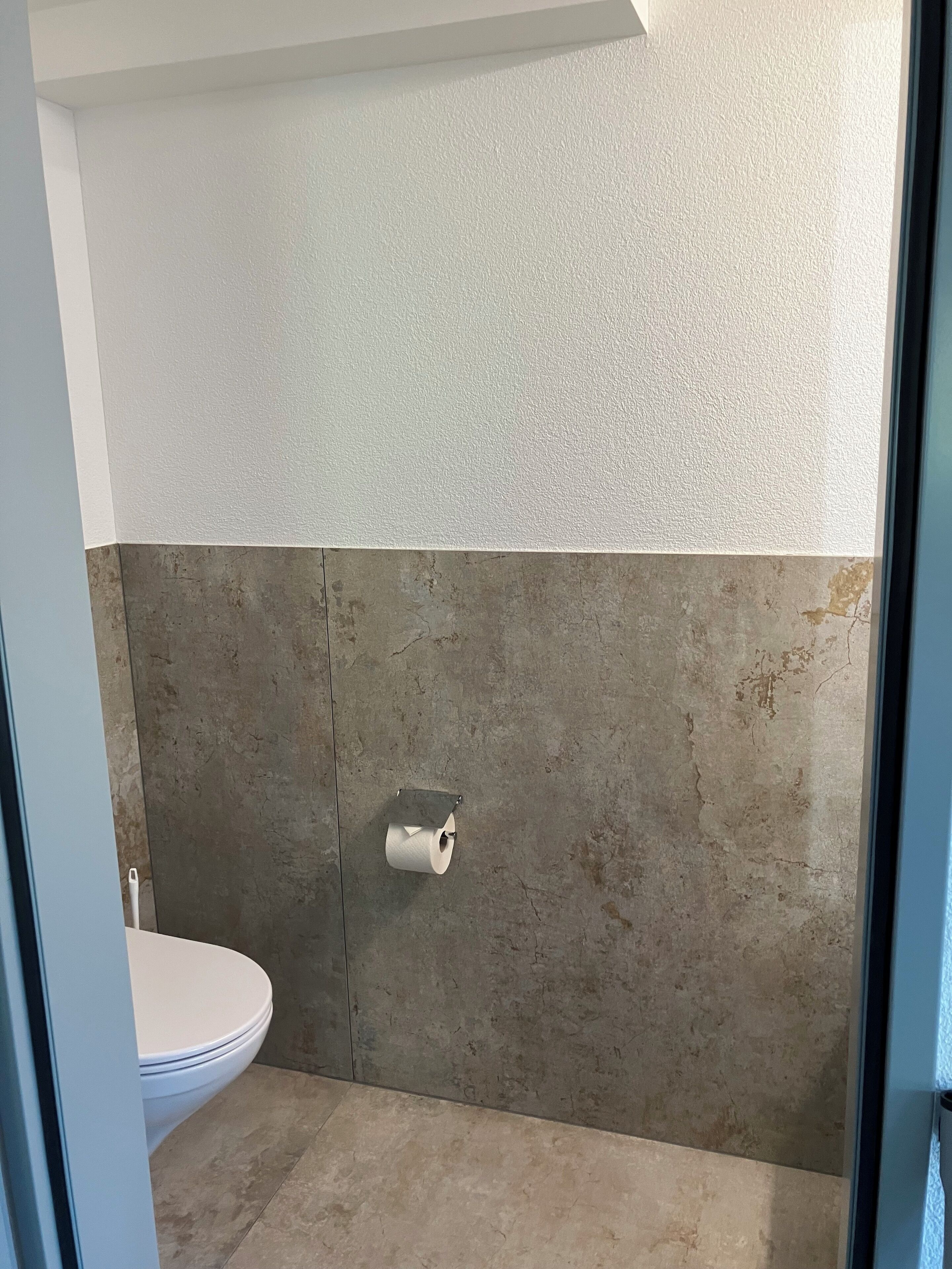 Un baño con inodoro, zona de ducha y un perchero para toallas.
