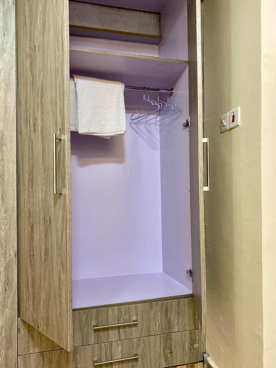 A wardrobe with wooden doors, a hanging rack, and a towel.